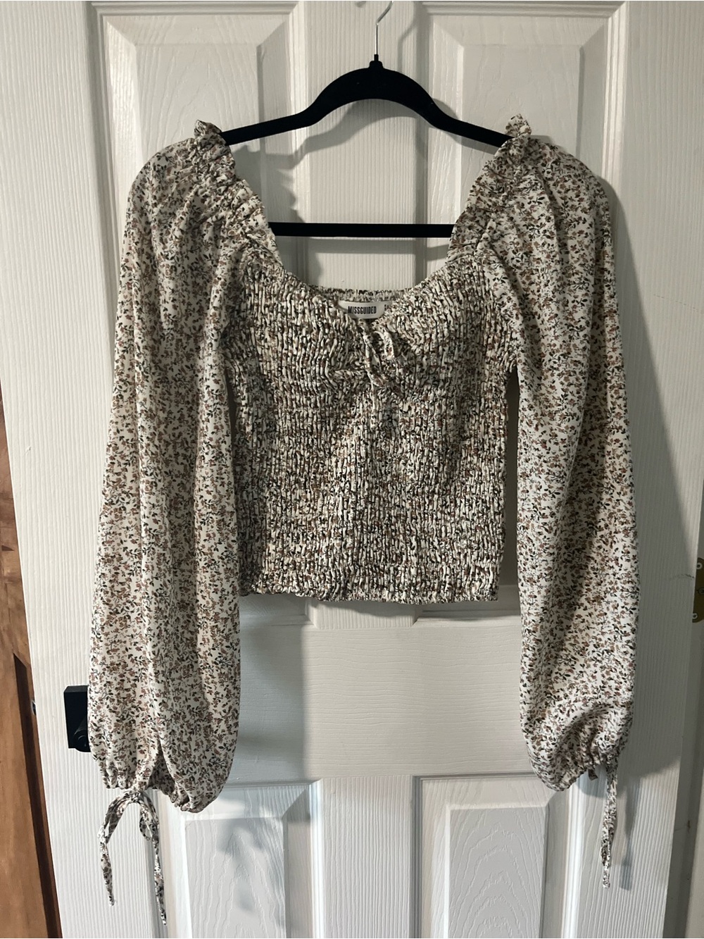 Missguided Floral Smocked Top Long Balloon Sleeve US 2